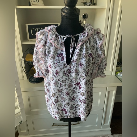 WILFRED ARITZIA Amyris Blouse White Mochi Pink Floral Peasant Boho Top SZ Small - Picture 7 of 13